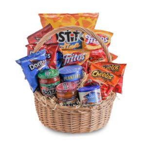 snack basket full of chips, dips, and nuts