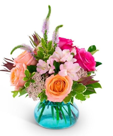 un, and elegant roses, sweet and innocent alstroemeria, accents of rice flower and veronicas, and topped with sassy little leucadendron.