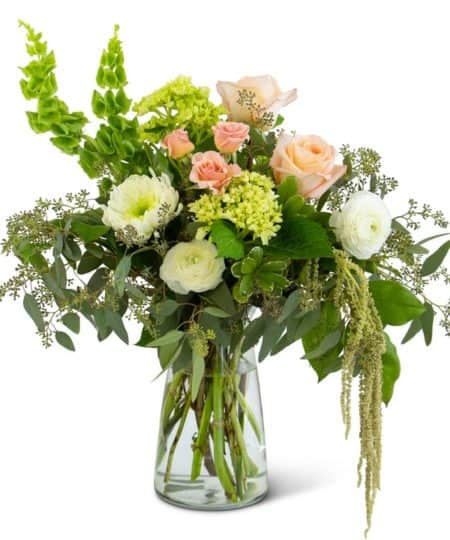 The Graceful Nature Vase is a work of art. Bells of Ireland, Mini Hydrangea, Roses, Chrysanthemum Cremones, Ranunculus and Amaranthus are arranged by our designers to express your heartfelt sentiments. Approximately 21"H X 19"W