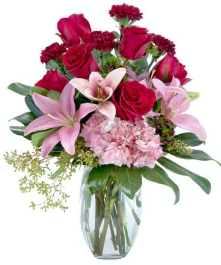 Rich red roses, blush pink Oriental lilies and hydrangea, deep burgundy carnations and sweet William are designed in this clear glass vase.
