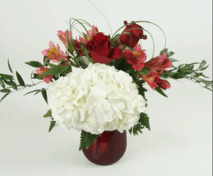 Beautiful with a touch of contemporary, this fun arrangement has lush hydrangeas, alstromaria, red roses accented by a heart shaped in bear grass and fresh mixed greens in a classy red glass vase.